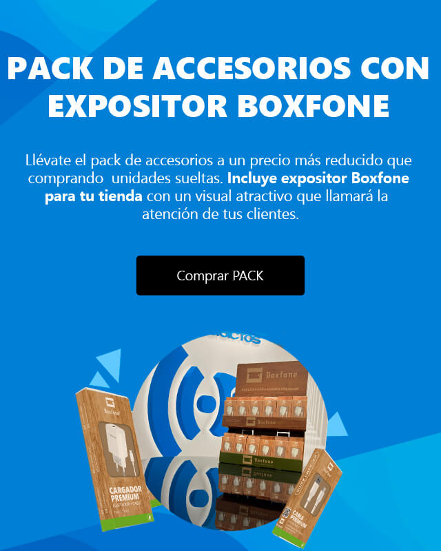 Pack de accesorios Boxfone con expositor para tu tienda | Todos los cables y cargadores premium Boxfone